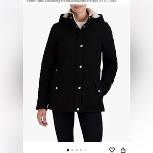 Laundry By Shelli Segal Black and Cream Quilted Jacket with Lined Hood Petite L